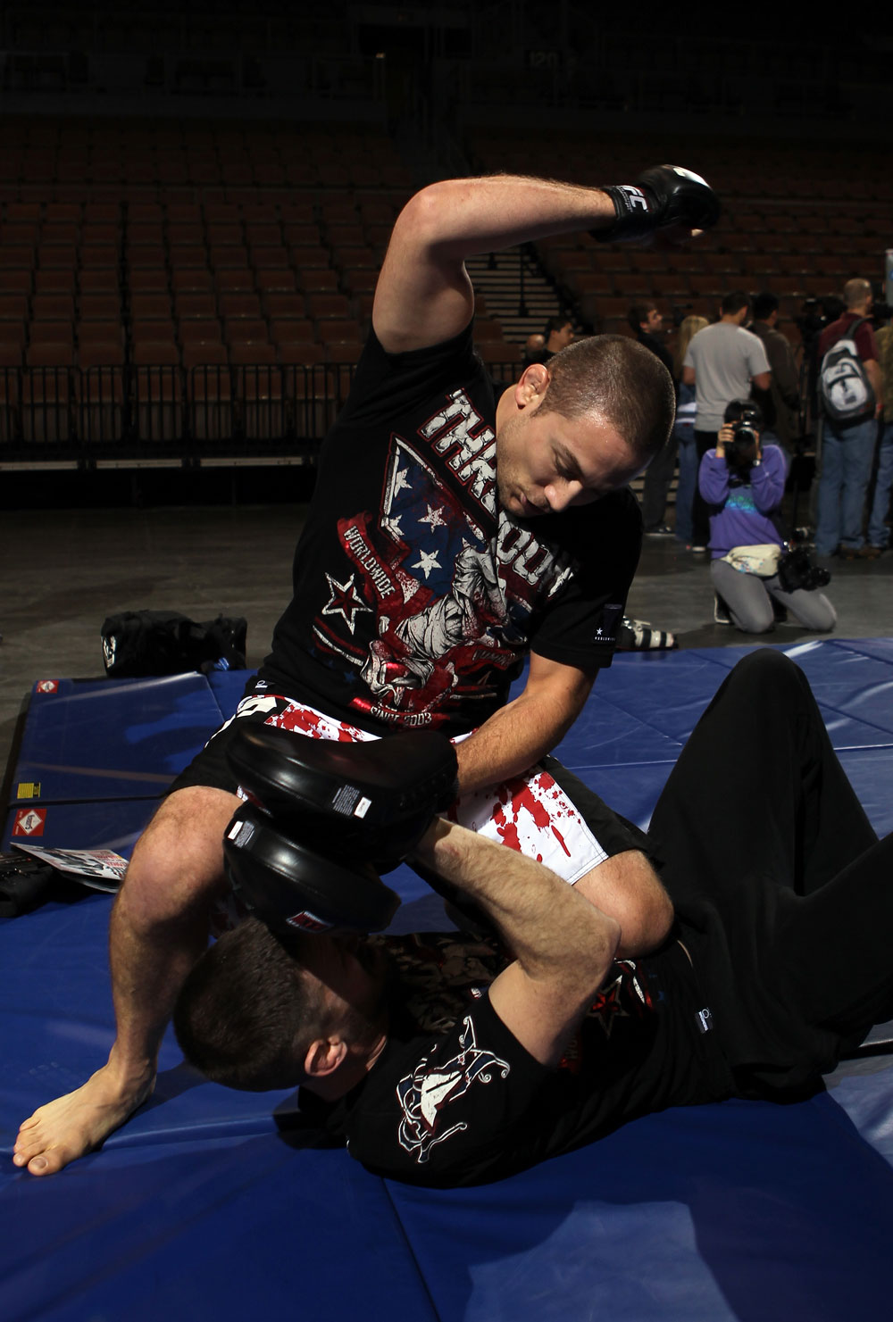 LAS VEGAS, NV - FEBRUARY 01: Mike Pierce works out for the media and fans during the UFC 143 open workouts at Mandalay Bay Events Center on February 1, 2012 in Las Vegas, United States. (Photo by Josh Hedges/Zuffa LLC/Zuffa LLC via Getty Images) *** Local Caption *** Mike Pierce