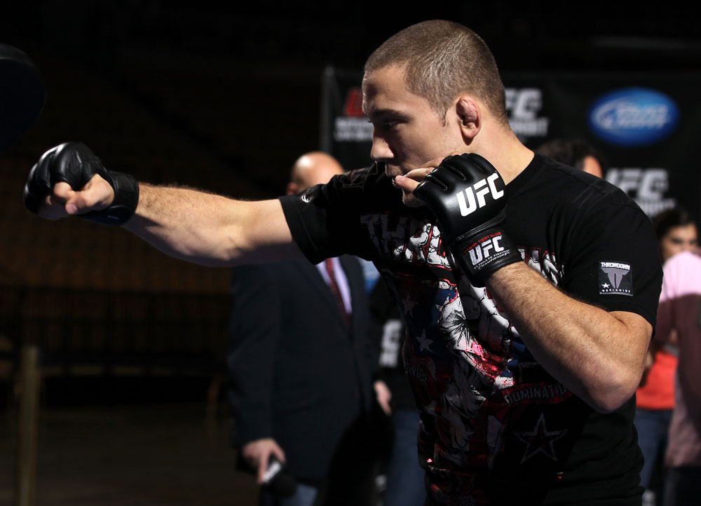 LAS VEGAS, NV - FEBRUARY 01: Mike Pierce works out for the media and fans during the UFC 143 open workouts at Mandalay Bay Events Center on February 1, 2012 in Las Vegas, United States. (Photo by Josh Hedges/Zuffa LLC/Zuffa LLC via Getty Images) *** Local Caption *** Mike Pierce