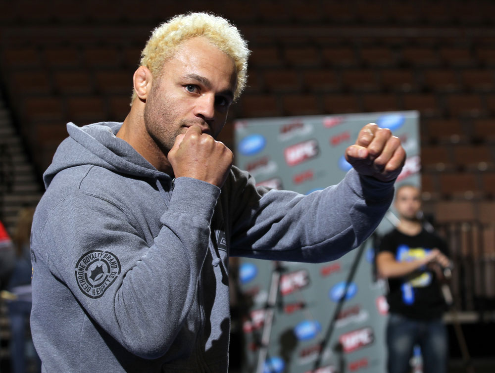 LAS VEGAS, NV - FEBRUARY 01: Josh Koscheck works out for the media and fans during the UFC 143 open workouts at Mandalay Bay Events Center on February 1, 2012 in Las Vegas, United States. (Photo by Josh Hedges/Zuffa LLC/Zuffa LLC via Getty Images) *** Local Caption *** Josh Koscheck