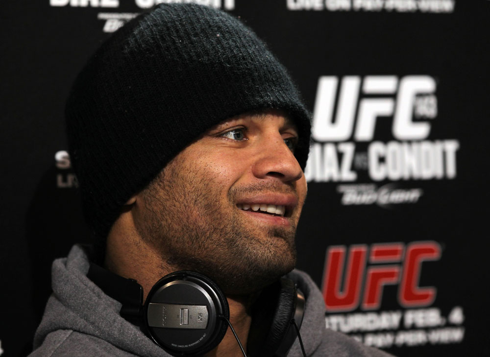 LAS VEGAS, NV - FEBRUARY 01: Josh Koscheck answers questions from the media during the UFC 143 open workouts at Mandalay Bay Events Center on February 1, 2012 in Las Vegas, United States. (Photo by Josh Hedges/Zuffa LLC/Zuffa LLC via Getty Images) *** Local Caption *** Josh Koscheck