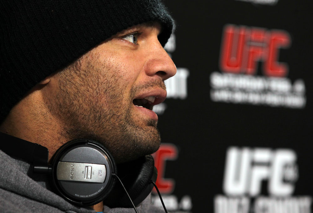LAS VEGAS, NV - FEBRUARY 01: Josh Koscheck answers questions from the media during the UFC 143 open workouts at Mandalay Bay Events Center on February 1, 2012 in Las Vegas, United States. (Photo by Josh Hedges/Zuffa LLC/Zuffa LLC via Getty Images) *** Local Caption *** Josh Koscheck