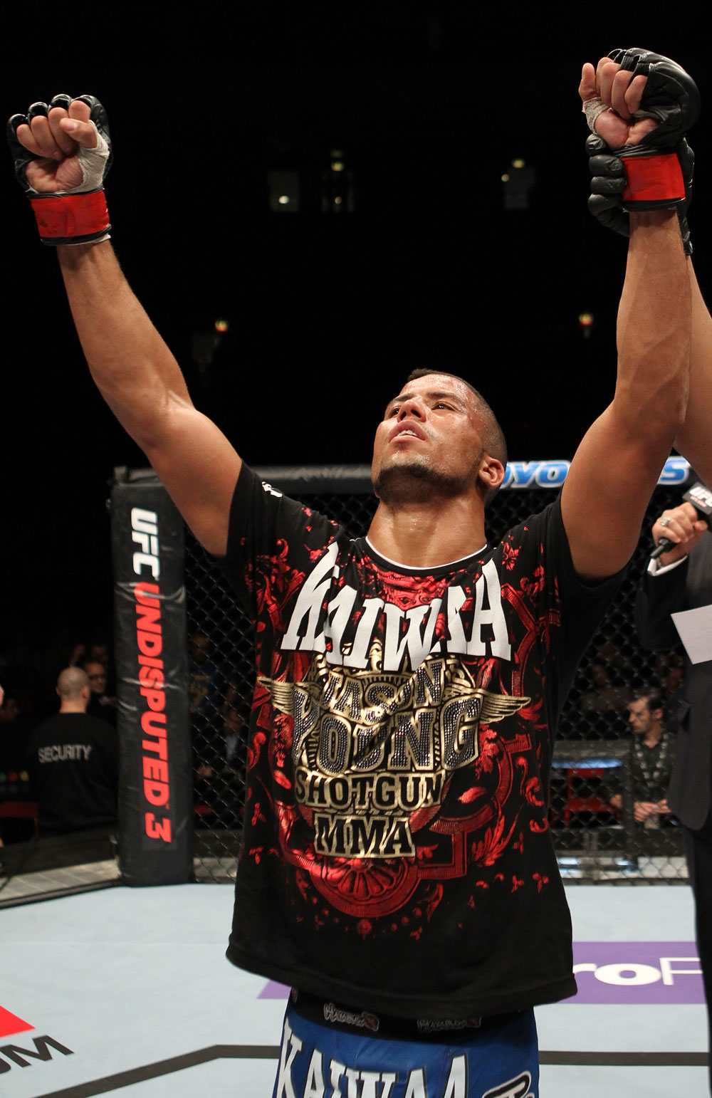 STOCKHOLM, SWEDEN - APRIL 14: Jason Young reacts after defeating Eric Wisely by decision during their featherweight bout at the UFC on Fuel TV event at Ericsson Globe on April 14, 2012 in Stockholm, Sweden. (Photo by Josh Hedges/Zuffa LLC/Zuffa LLC via Getty Images)