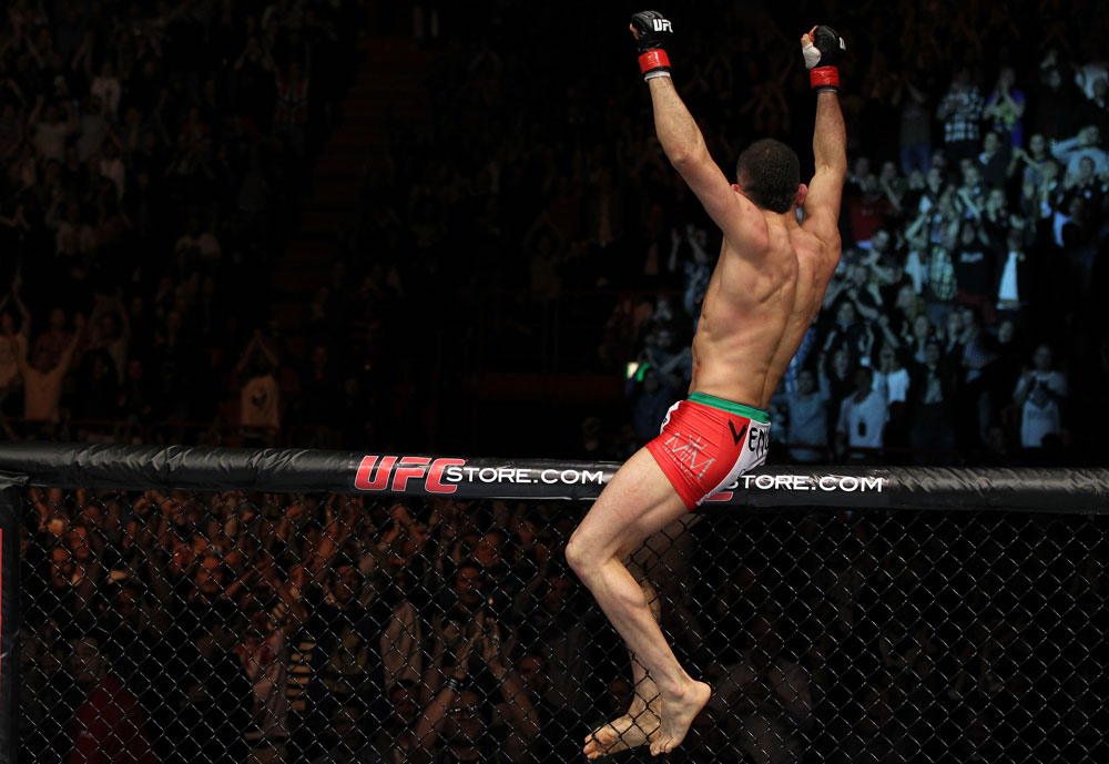 STOCKHOLM, SWEDEN - APRIL 14: Reza Madadi of Sweden reacts after defeating Yoislandy Izquierdo at the UFC on Fuel TV event at Ericsson Globe on April 14, 2012 in Stockholm, Sweden. (Photo by Josh Hedges/Zuffa LLC/Zuffa LLC via Getty Images)