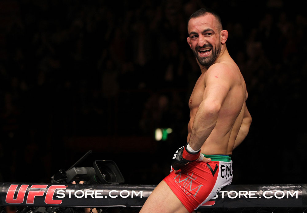 STOCKHOLM, SWEDEN - APRIL 14: Reza Madadi of Sweden reacts after defeating Yoislandy Izquierdo at the UFC on Fuel TV event at Ericsson Globe on April 14, 2012 in Stockholm, Sweden. (Photo by Josh Hedges/Zuffa LLC/Zuffa LLC via Getty Images)