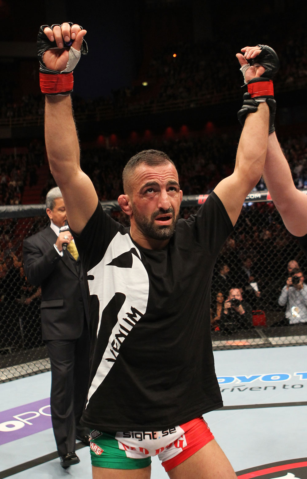 STOCKHOLM, SWEDEN - APRIL 14: Reza Madadi of Sweden reacts after defeating Yoislandy Izquierdo at the UFC on Fuel TV event at Ericsson Globe on April 14, 2012 in Stockholm, Sweden. (Photo by Josh Hedges/Zuffa LLC/Zuffa LLC via Getty Images)