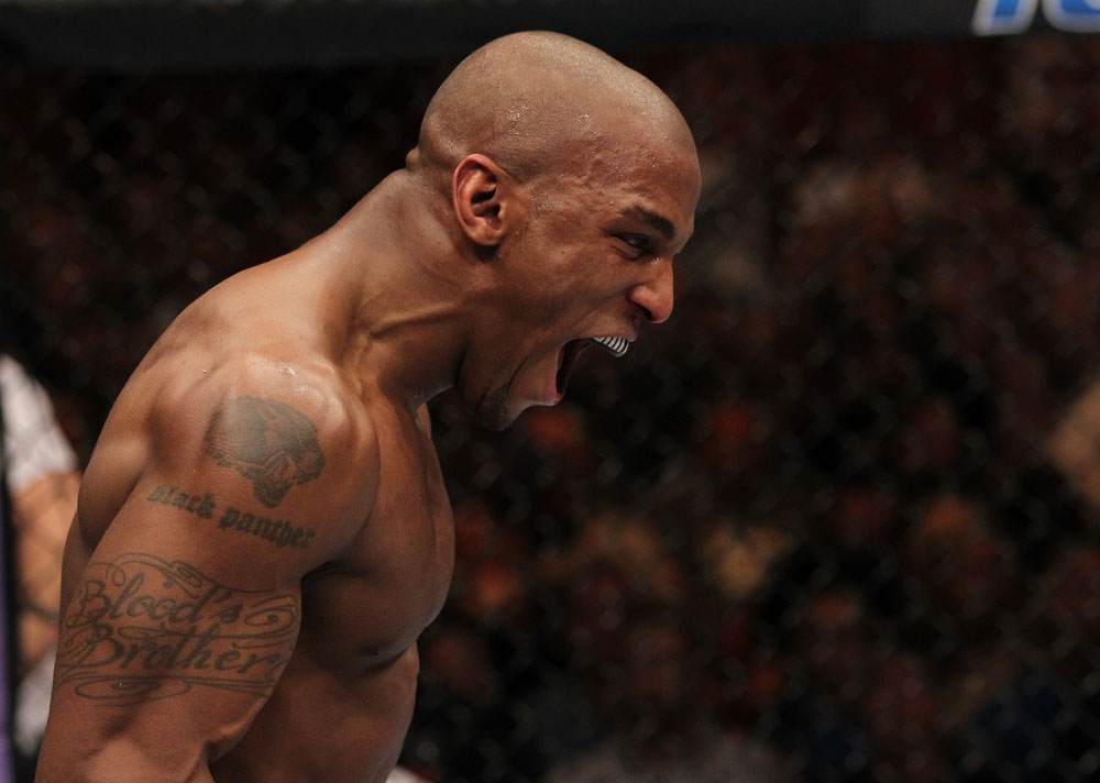 STOCKHOLM, SWEDEN - APRIL 14: (L-R) Francis Carmont reacts to his win over Magnus Cedenblad during their middleweight bout at the UFC on Fuel TV event at Ericsson Globe on April 14, 2012 in Stockholm, Sweden. (Photo by Josh Hedges/Zuffa LLC/Zuffa LLC via Getty Images)
