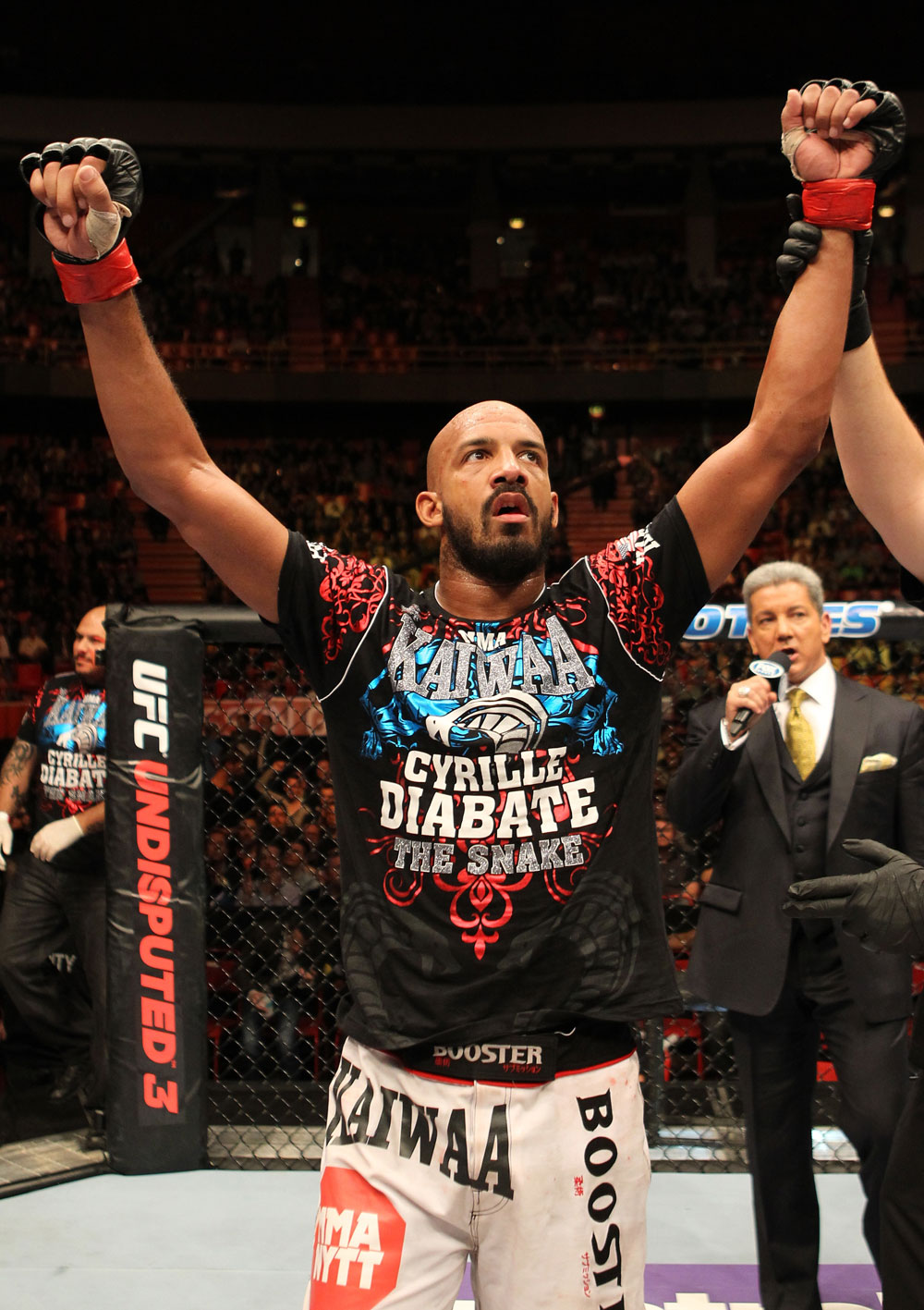 STOCKHOLM, SWEDEN - APRIL 14: Cyrille Diabate is declared the winner in his fight against Tom DeBlass at the UFC on Fuel TV event at Ericsson Globe on April 14, 2012 in Stockholm, Sweden. (Photo by Josh Hedges/Zuffa LLC/Zuffa LLC via Getty Images)