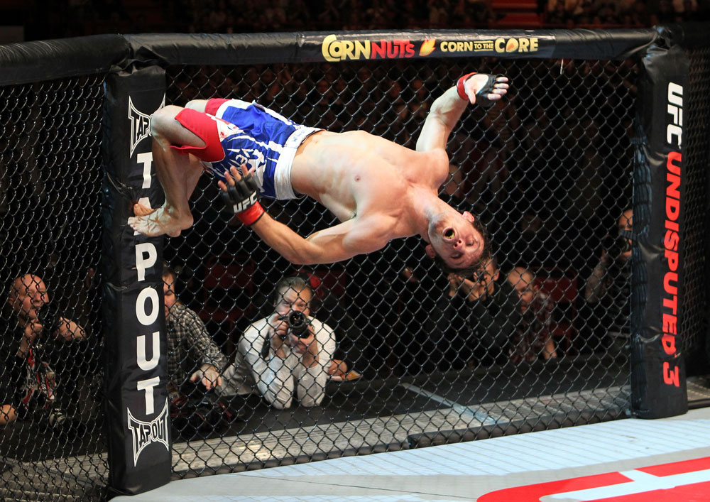 STOCKHOLM, SWEDEN - APRIL 14: Brad Pickett reacts after defeating Damacio Page in a bantamweight bout at the UFC on Fuel TV event at Ericsson Globe on April 14, 2012 in Stockholm, Sweden. (Photo by Josh Hedges/Zuffa LLC/Zuffa LLC via Getty Images)