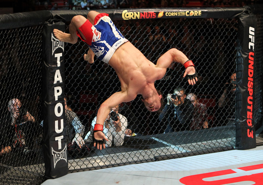 STOCKHOLM, SWEDEN - APRIL 14: Brad Pickett reacts after defeating Damacio Page in a bantamweight bout at the UFC on Fuel TV event at Ericsson Globe on April 14, 2012 in Stockholm, Sweden. (Photo by Josh Hedges/Zuffa LLC/Zuffa LLC via Getty Images)
