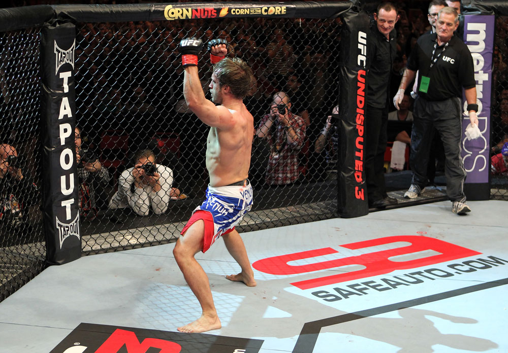 STOCKHOLM, SWEDEN - APRIL 14: Brad Pickett reacts after defeating Damacio Page in a bantamweight bout at the UFC on Fuel TV event at Ericsson Globe on April 14, 2012 in Stockholm, Sweden. (Photo by Josh Hedges/Zuffa LLC/Zuffa LLC via Getty Images)