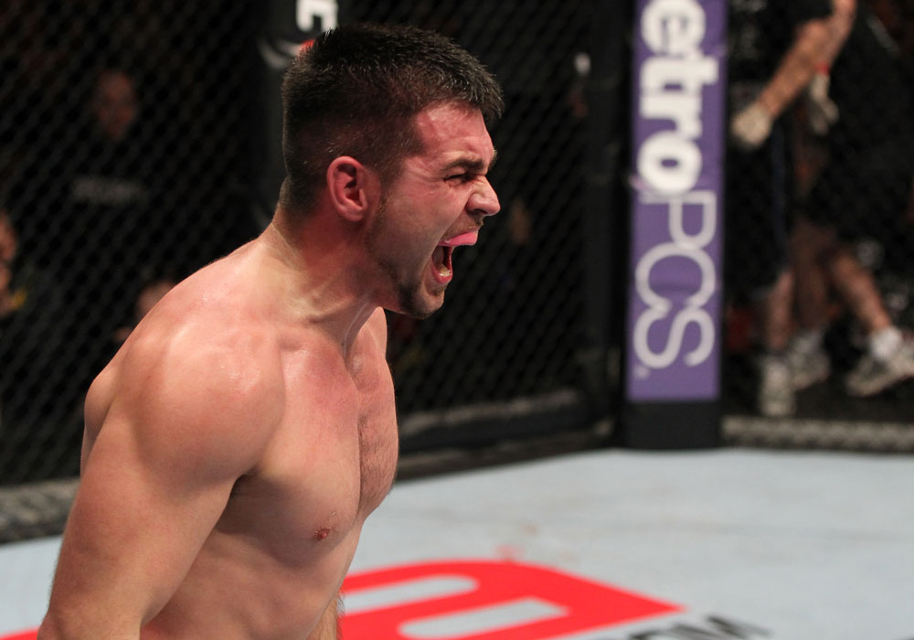 STOCKHOLM, SWEDEN - APRIL 14: John Maguire reacts after defeating DaMarques Johnson in a welterweight bout at the UFC on Fuel TV event at Ericsson Globe on April 14, 2012 in Stockholm, Sweden. (Photo by Josh Hedges/Zuffa LLC/Zuffa LLC via Getty Images)