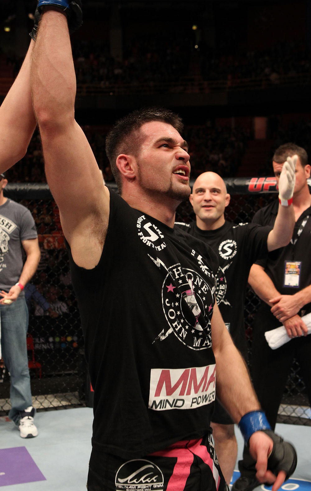 STOCKHOLM, SWEDEN - APRIL 14: John Maguire reacts after defeating DaMarques Johnson in a welterweight bout at the UFC on Fuel TV event at Ericsson Globe on April 14, 2012 in Stockholm, Sweden. (Photo by Josh Hedges/Zuffa LLC/Zuffa LLC via Getty Images)