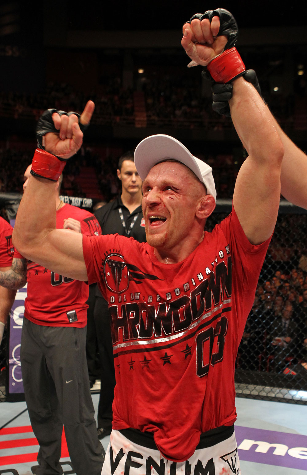 STOCKHOLM, SWEDEN - APRIL 14: Dennis Siver reacts after defeating Diego Nunes in a featherweight bout at the UFC on Fuel TV event at Ericsson Globe on April 14, 2012 in Stockholm, Sweden. (Photo by Josh Hedges/Zuffa LLC/Zuffa LLC via Getty Images)