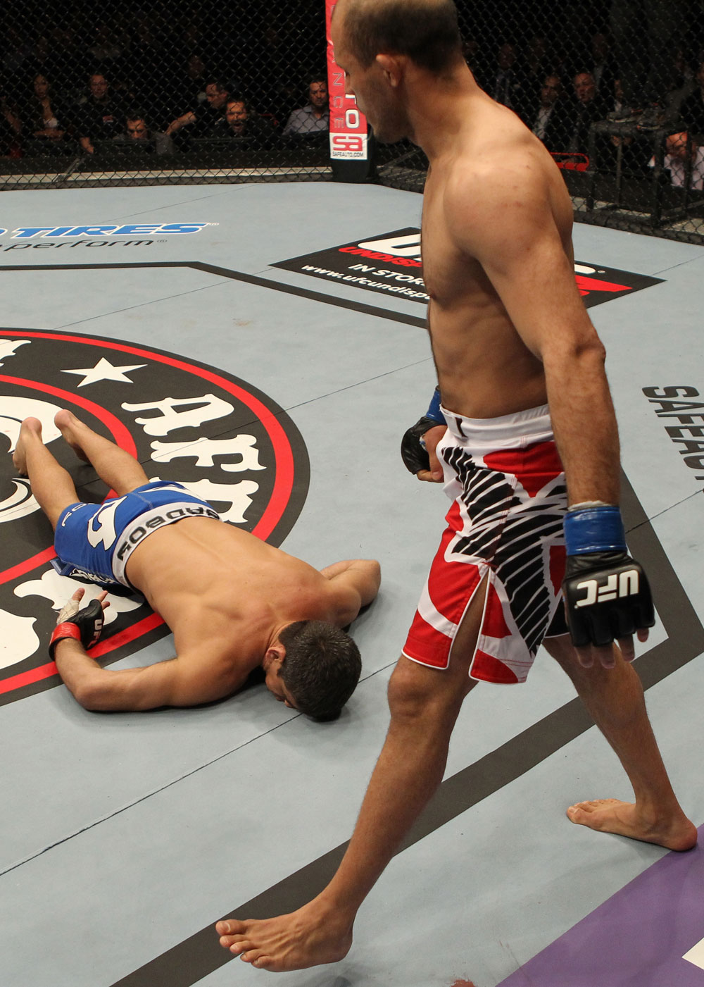 STOCKHOLM, SWEDEN - APRIL 14: Siyar Bahadurzada stands over Paulo Thiago after knocking him out with a punch during their welterweight bout at the UFC on Fuel TV event at Ericsson Globe on April 14, 2012 in Stockholm, Sweden. (Photo by Josh Hedges/Zuffa LLC/Zuffa LLC via Getty Images)
