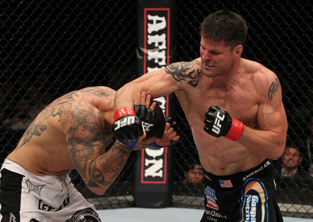 STOCKHOLM, SWEDEN - APRIL 14: (R-L) Brian Stann punches Alessio Sakara during their middleweight bout at the UFC on Fuel TV event at Ericsson Globe on April 14, 2012 in Stockholm, Sweden. (Photo by Josh Hedges/Zuffa LLC/Zuffa LLC via Getty Images)