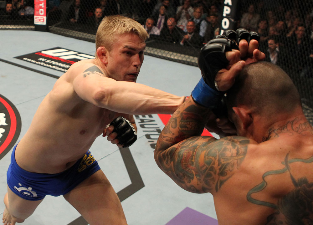 STOCKHOLM, SWEDEN - APRIL 14: (L-R) Alexander Gustafsson punches Thiago Silva during their light heavyweight bout at the UFC on Fuel TV event at Ericsson Globe on April 14, 2012 in Stockholm, Sweden. (Photo by Josh Hedges/Zuffa LLC/Zuffa LLC via Getty Images)