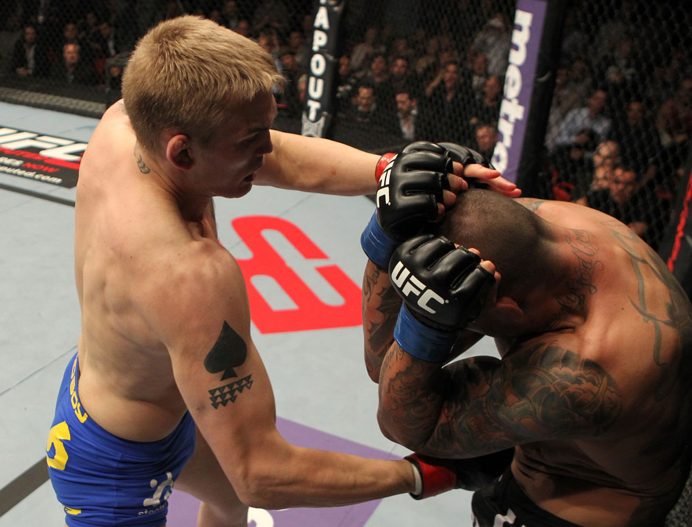 STOCKHOLM, SWEDEN - APRIL 14: (L-R) Alexander Gustafsson punches Thiago Silva during their light heavyweight bout at the UFC on Fuel TV event at Ericsson Globe on April 14, 2012 in Stockholm, Sweden. (Photo by Josh Hedges/Zuffa LLC/Zuffa LLC via Getty Images)