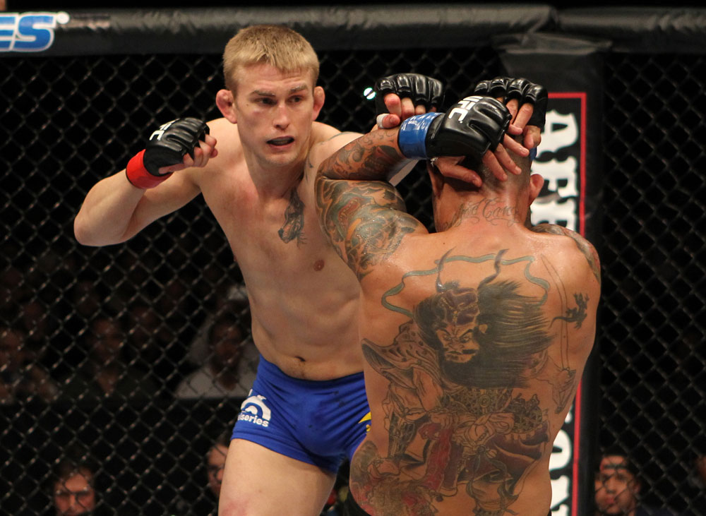 STOCKHOLM, SWEDEN - APRIL 14: (L-R) Alexander Gustafsson punches Thiago Silva during their light heavyweight bout at the UFC on Fuel TV event at Ericsson Globe on April 14, 2012 in Stockholm, Sweden. (Photo by Josh Hedges/Zuffa LLC/Zuffa LLC via Getty Images)