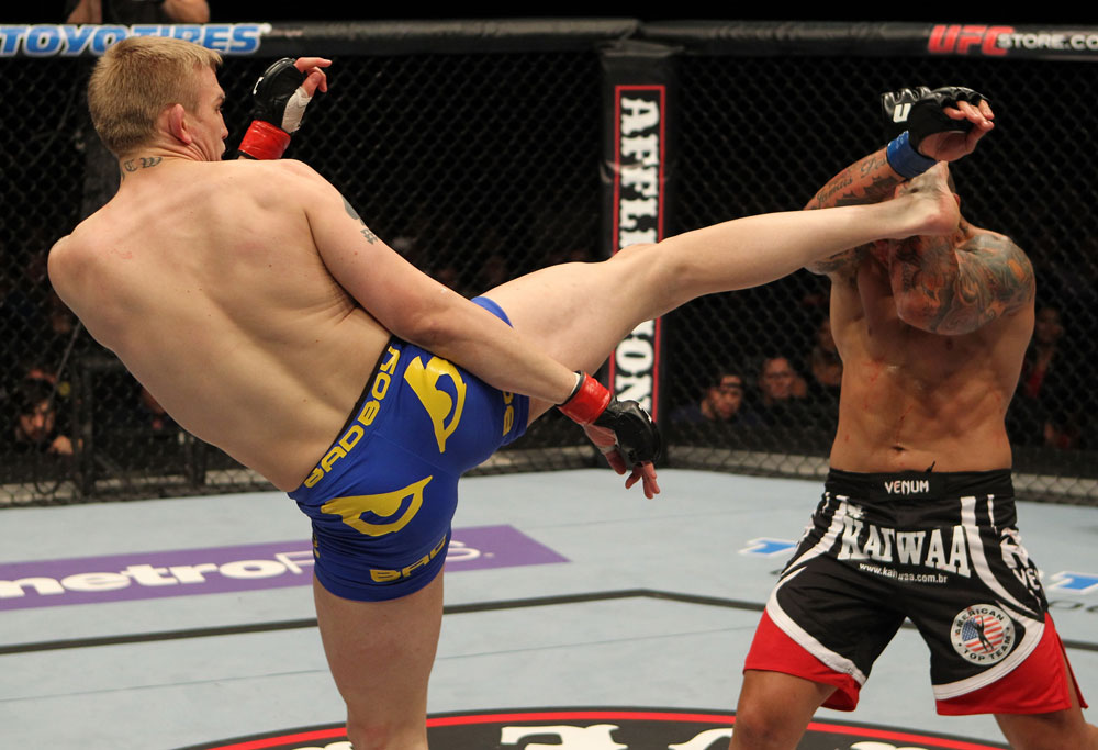 STOCKHOLM, SWEDEN - APRIL 14: (L-R) Alexander Gustafsson kicks Thiago Silva during their light heavyweight bout at the UFC on Fuel TV event at Ericsson Globe on April 14, 2012 in Stockholm, Sweden. (Photo by Josh Hedges/Zuffa LLC/Zuffa LLC via Getty Images)
