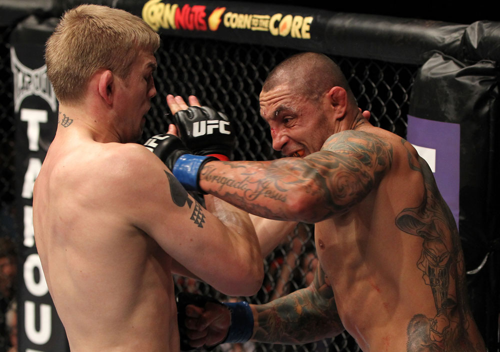 STOCKHOLM, SWEDEN - APRIL 14: (R-L) Thiago Silva punches Alexander Gustafsson during their light heavyweight bout at the UFC on Fuel TV event at Ericsson Globe on April 14, 2012 in Stockholm, Sweden. (Photo by Josh Hedges/Zuffa LLC/Zuffa LLC via Getty Images)
