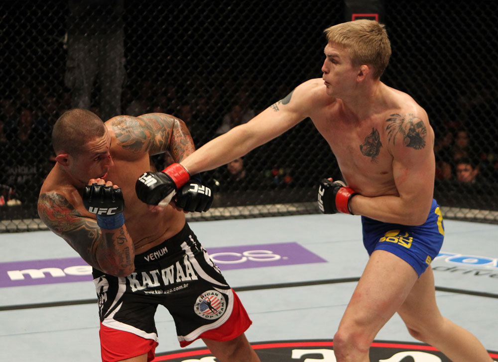 STOCKHOLM, SWEDEN - APRIL 14: (R-L) Alexander Gustafsson punches Thiago Silva during their light heavyweight bout at the UFC on Fuel TV event at Ericsson Globe on April 14, 2012 in Stockholm, Sweden. (Photo by Josh Hedges/Zuffa LLC/Zuffa LLC via Getty Images)