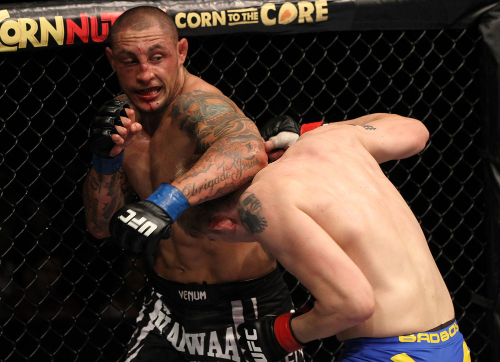STOCKHOLM, SWEDEN - APRIL 14: (L-R) Thiago Silva punches Alexander Gustafsson during their light heavyweight bout at the UFC on Fuel TV event at Ericsson Globe on April 14, 2012 in Stockholm, Sweden. (Photo by Josh Hedges/Zuffa LLC/Zuffa LLC via Getty Images)