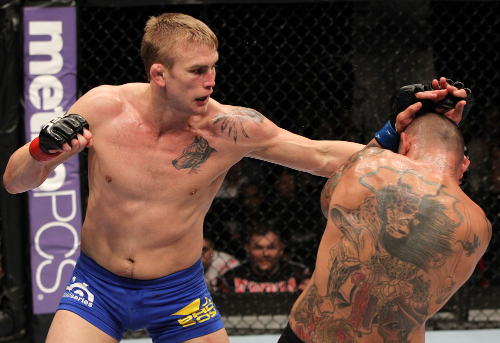 STOCKHOLM, SWEDEN - APRIL 14: (L-R) Alexander Gustafsson punches Thiago Silva during their light heavyweight bout at the UFC on Fuel TV event at Ericsson Globe on April 14, 2012 in Stockholm, Sweden. (Photo by Josh Hedges/Zuffa LLC/Zuffa LLC via Getty Images)