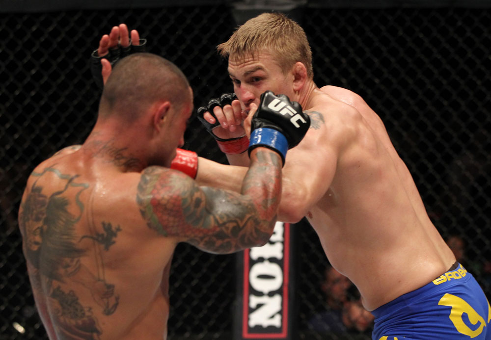 STOCKHOLM, SWEDEN - APRIL 14: (R-L) Alexander Gustafsson punches Thiago Silva during their light heavyweight bout at the UFC on Fuel TV event at Ericsson Globe on April 14, 2012 in Stockholm, Sweden. (Photo by Josh Hedges/Zuffa LLC/Zuffa LLC via Getty Images)