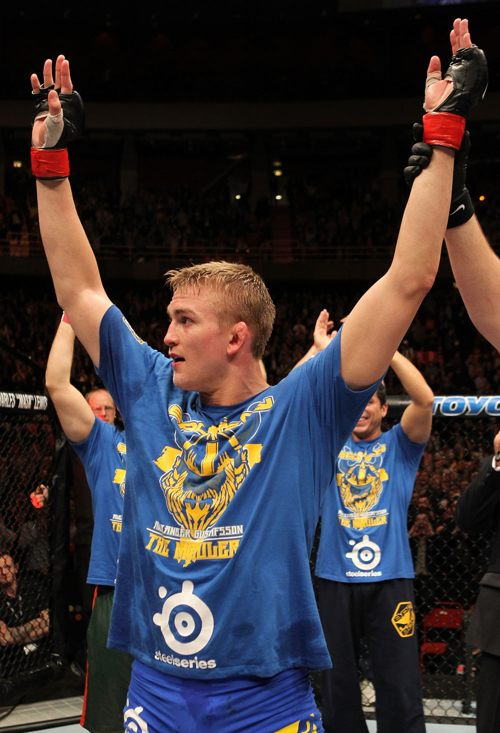 STOCKHOLM, SWEDEN - APRIL 14: Alexander Gustafsson is declared the winner in his fight against Thiago Silva at the UFC on Fuel TV event at Ericsson Globe on April 14, 2012 in Stockholm, Sweden. (Photo by Josh Hedges/Zuffa LLC/Zuffa LLC via Getty Images)