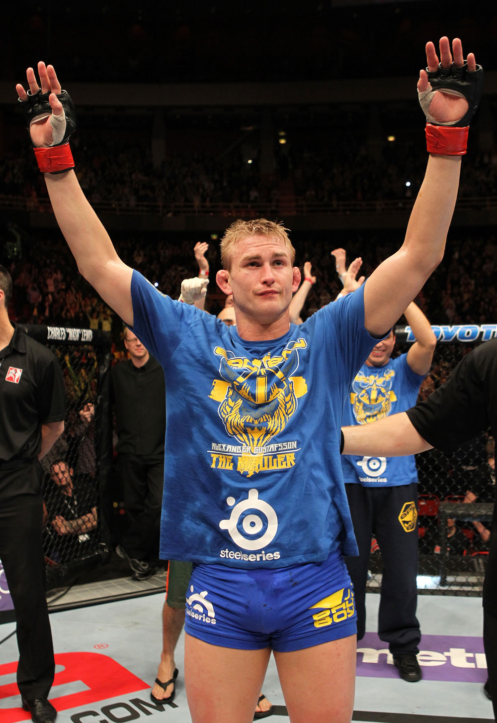 STOCKHOLM, SWEDEN - APRIL 14: Alexander Gustafsson is declared the winner in his fight against Thiago Silva at the UFC on Fuel TV event at Ericsson Globe on April 14, 2012 in Stockholm, Sweden. (Photo by Josh Hedges/Zuffa LLC/Zuffa LLC via Getty Images)