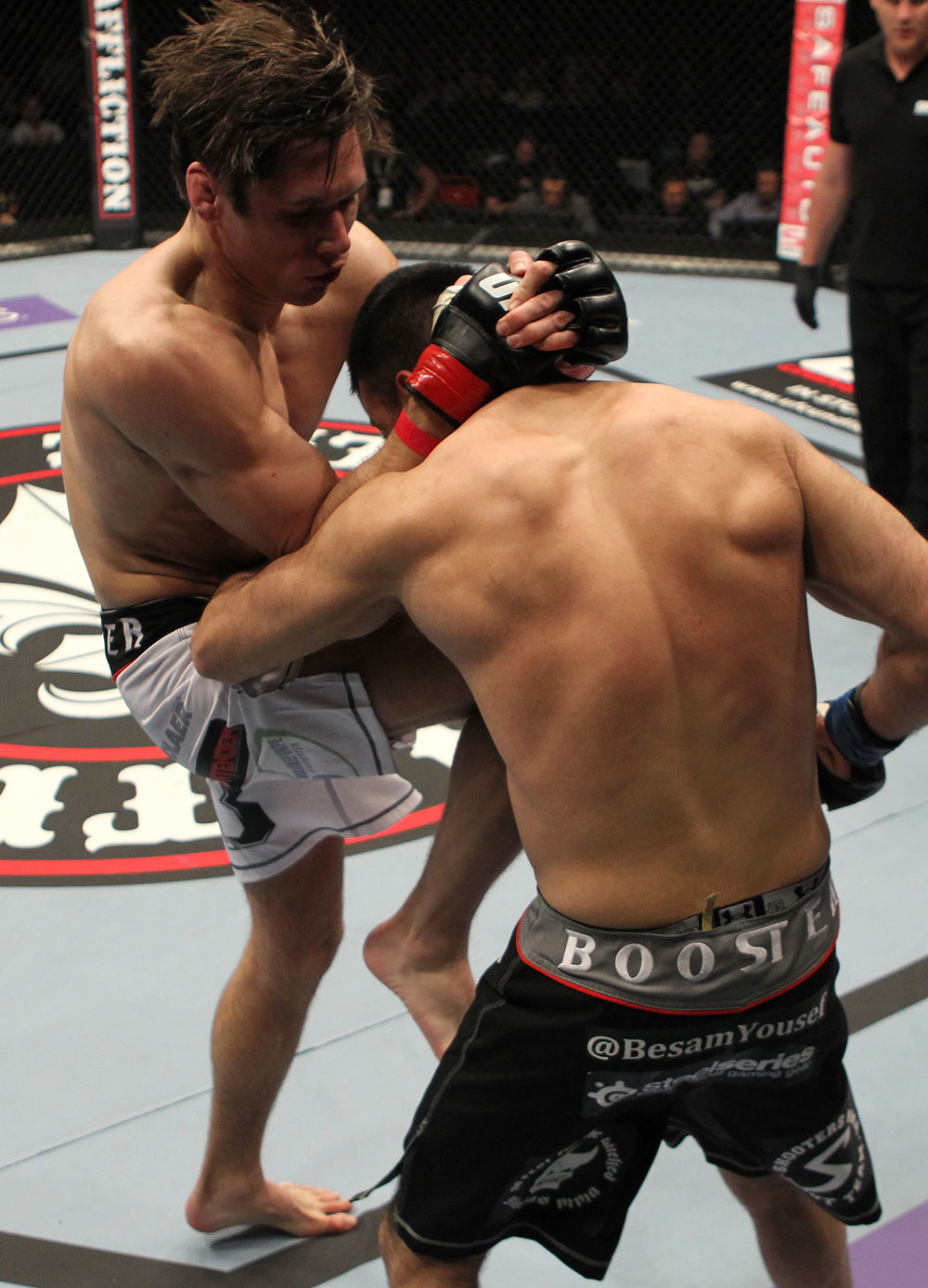 STOCKHOLM, SWEDEN - APRIL 14: (L-R) Simeon Thoresen delivers a knee strike against Besam Yousef during their welterweight bout at the UFC on Fuel TV event at Ericsson Globe on April 14, 2012 in Stockholm, Sweden. (Photo by Josh Hedges/Zuffa LLC/Zuffa LLC via Getty Images)
