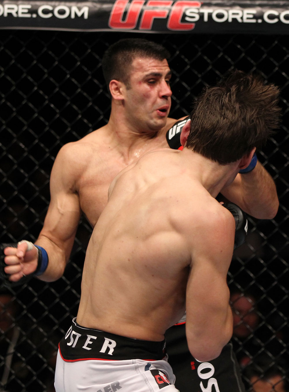 STOCKHOLM, SWEDEN - APRIL 14: (R-L) Simeon Thoresen punches Besam Yousef during their welterweight bout at the UFC on Fuel TV event at Ericsson Globe on April 14, 2012 in Stockholm, Sweden. (Photo by Josh Hedges/Zuffa LLC/Zuffa LLC via Getty Images)
