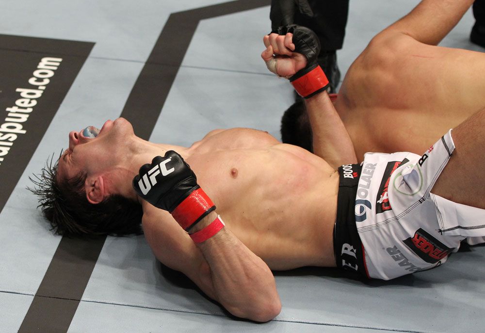 STOCKHOLM, SWEDEN - APRIL 14: Simeon Thoresen reacts after defeating Besam Yousef by submission during their welterweight bout at the UFC on Fuel TV event at Ericsson Globe on April 14, 2012 in Stockholm, Sweden. (Photo by Josh Hedges/Zuffa LLC/Zuffa LLC via Getty Images)