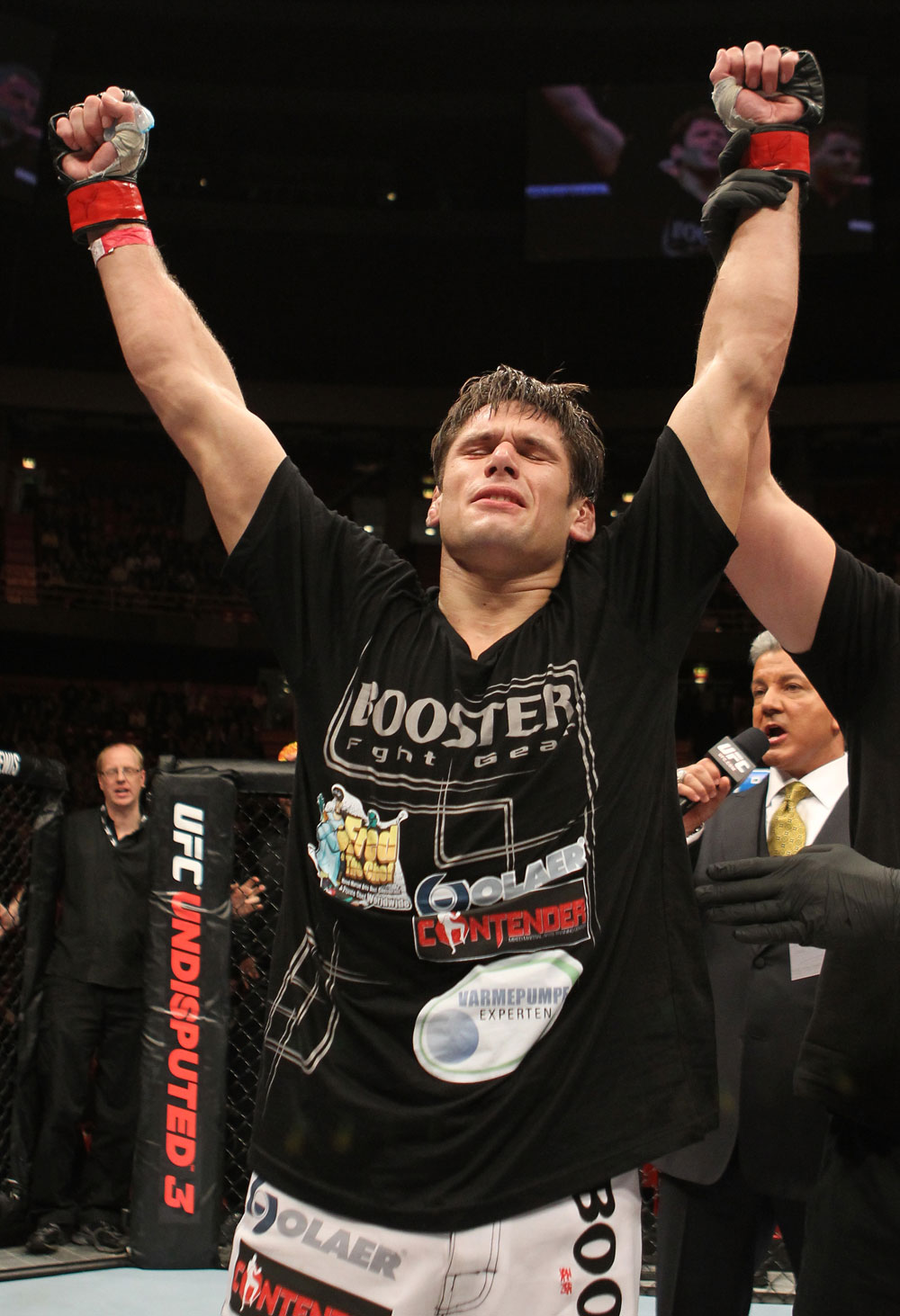 STOCKHOLM, SWEDEN - APRIL 14: Simeon Thoresen reacts after defeating Besam Yousef by submission during their welterweight bout at the UFC on Fuel TV event at Ericsson Globe on April 14, 2012 in Stockholm, Sweden. (Photo by Josh Hedges/Zuffa LLC/Zuffa LLC via Getty Images)