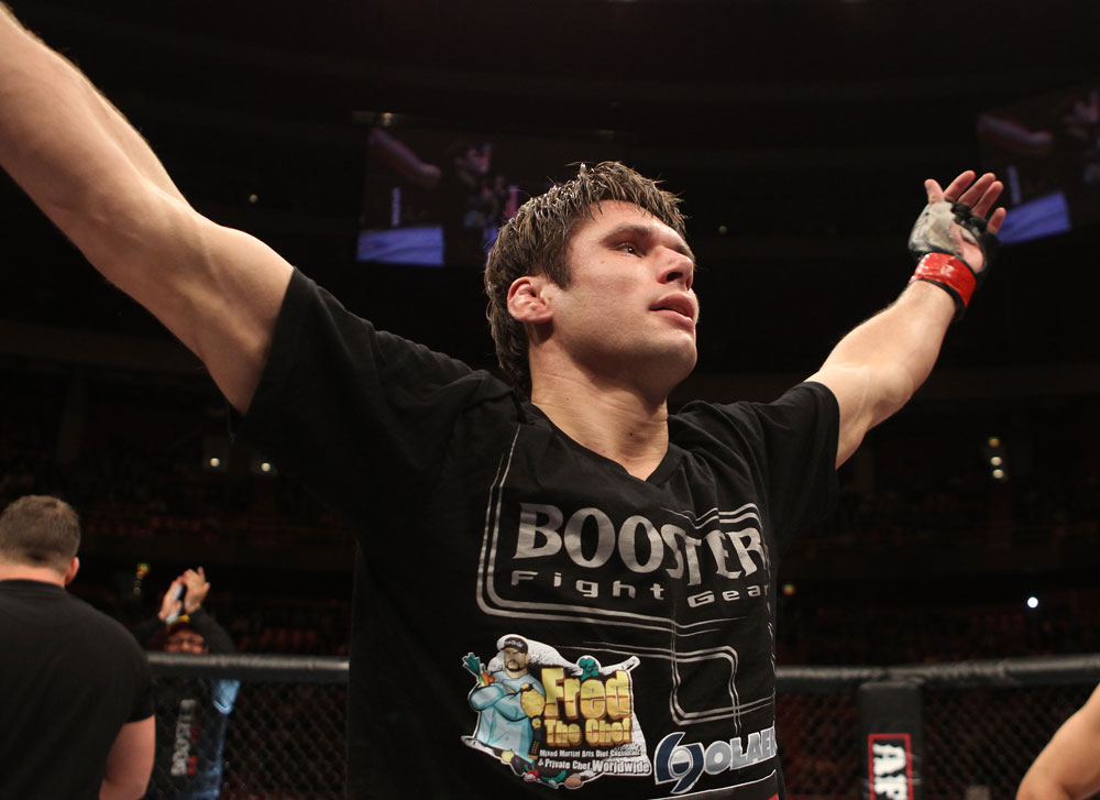 STOCKHOLM, SWEDEN - APRIL 14: Simeon Thoresen reacts after defeating Besam Yousef by submission during their welterweight bout at the UFC on Fuel TV event at Ericsson Globe on April 14, 2012 in Stockholm, Sweden. (Photo by Josh Hedges/Zuffa LLC/Zuffa LLC via Getty Images)