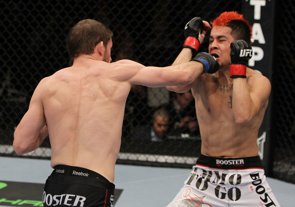 NASHVILLE, TN - JANUARY 20:  (L-R) Nick Denis punches Joseph Sandoval during the UFC on FX event at Bridgestone Arena on January 20, 2012 in Nashville, Tennessee.  (Photo by Josh Hedges/Zuffa LLC/Zuffa LLC via Getty Images)