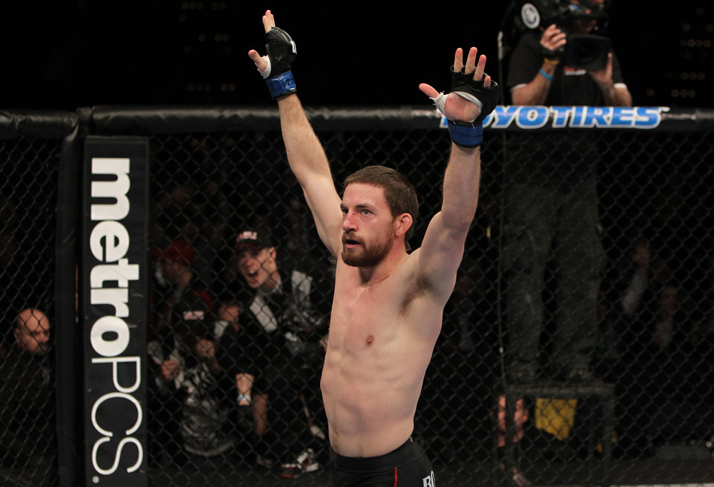 NASHVILLE, TN - JANUARY 20:  Nick Denis reacts after knocking out Joseph Sandoval during the UFC on FX event at Bridgestone Arena on January 20, 2012 in Nashville, Tennessee.  (Photo by Josh Hedges/Zuffa LLC/Zuffa LLC via Getty Images)