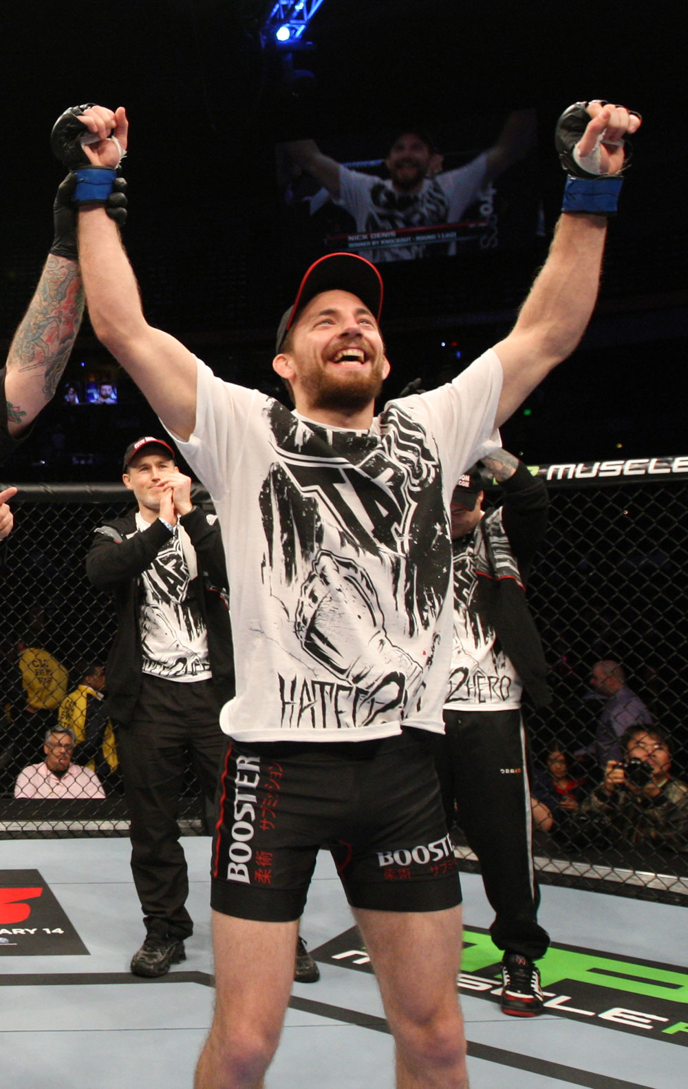 NASHVILLE, TN - JANUARY 20:  Nick Denis reacts after knocking out Joseph Sandoval during the UFC on FX event at Bridgestone Arena on January 20, 2012 in Nashville, Tennessee.  (Photo by Josh Hedges/Zuffa LLC/Zuffa LLC via Getty Images)