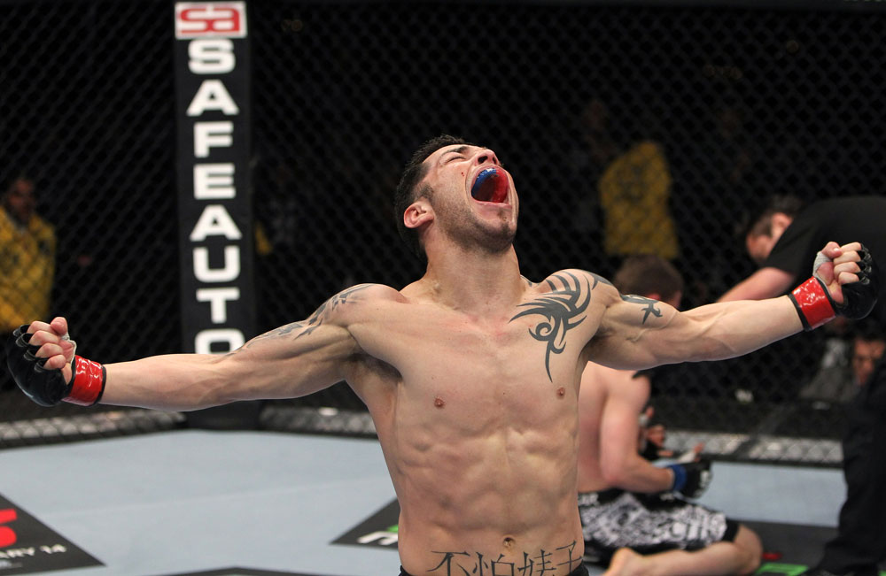 NASHVILLE, TN - JANUARY 20:  Daniel Pineda reacts after defeating Pat Schilling during the UFC on FX event at Bridgestone Arena on January 20, 2012 in Nashville, Tennessee.  (Photo by Josh Hedges/Zuffa LLC/Zuffa LLC via Getty Images)