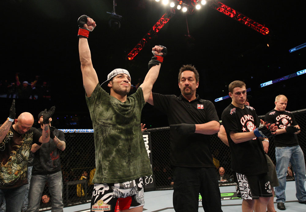 NASHVILLE, TN - JANUARY 20:  Daniel Pineda (L) reacts after defeating Pat Schilling during the UFC on FX event at Bridgestone Arena on January 20, 2012 in Nashville, Tennessee.  (Photo by Josh Hedges/Zuffa LLC/Zuffa LLC via Getty Images)