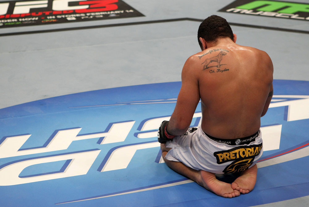 NASHVILLE, TN - JANUARY 20:  Fabricio Camoes reacts after defeating Tommy Hayden during the UFC on FX event at Bridgestone Arena on January 20, 2012 in Nashville, Tennessee.  (Photo by Josh Hedges/Zuffa LLC/Zuffa LLC via Getty Images)