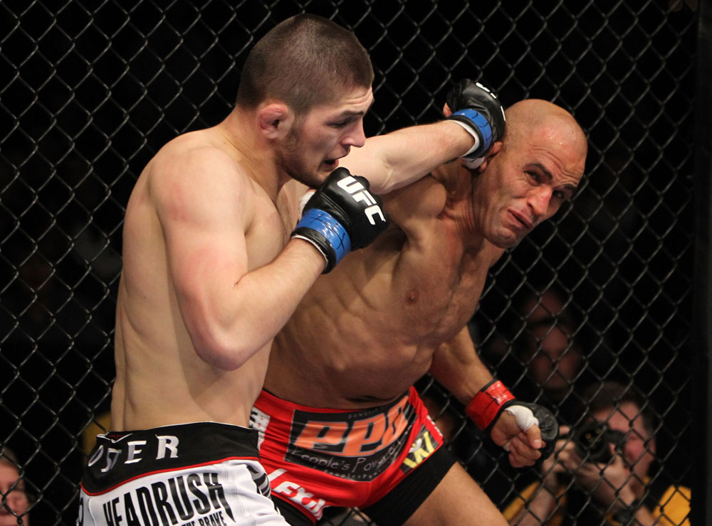 NASHVILLE, TN - JANUARY 20:  (L-R) Khabib Nurmagomedov and Kamal Shalorus trade punches during the UFC on FX event at Bridgestone Arena on January 20, 2012 in Nashville, Tennessee.  (Photo by Josh Hedges/Zuffa LLC/Zuffa LLC via Getty Images)