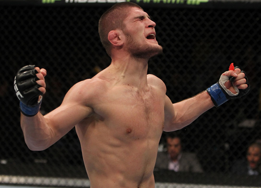 NASHVILLE, TN - JANUARY 20:  Khabib Nurmagomedov reacts after defeating Kamal Shalorus during the UFC on FX event at Bridgestone Arena on January 20, 2012 in Nashville, Tennessee.  (Photo by Josh Hedges/Zuffa LLC/Zuffa LLC via Getty Images)