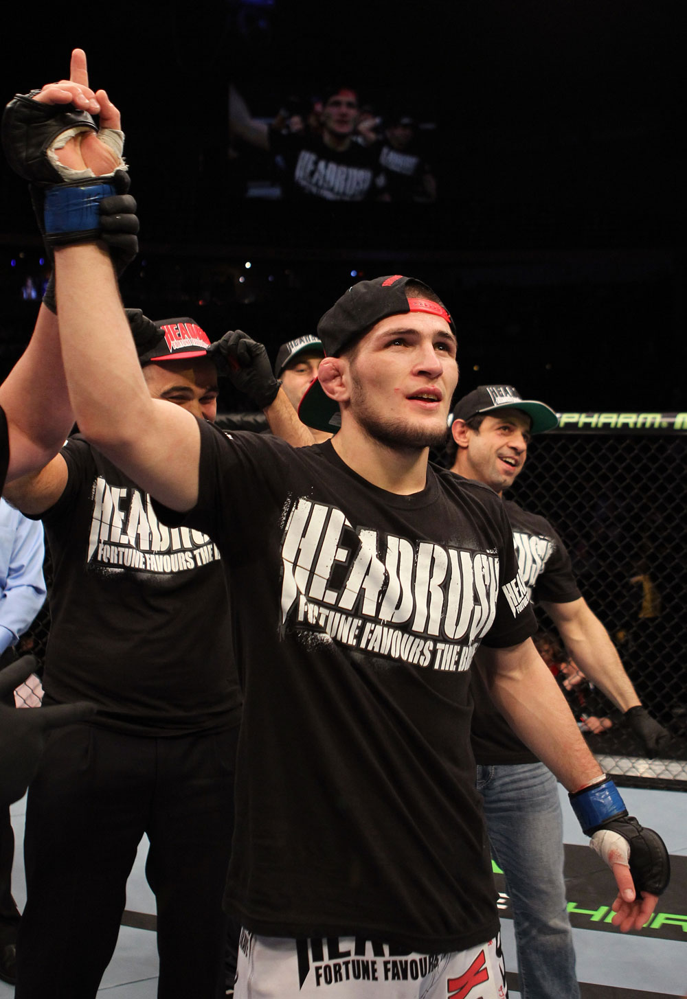 NASHVILLE, TN - JANUARY 20:  Khabib Nurmagomedov reacts after defeating Kamal Shalorus during the UFC on FX event at Bridgestone Arena on January 20, 2012 in Nashville, Tennessee.  (Photo by Josh Hedges/Zuffa LLC/Zuffa LLC via Getty Images)