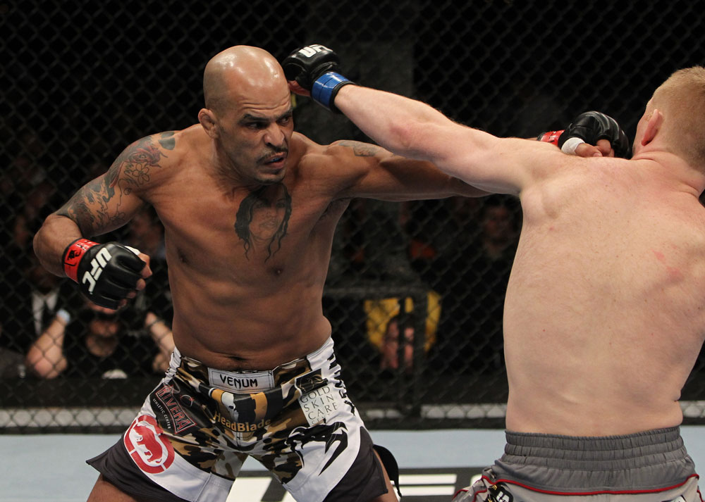 NASHVILLE, TN - JANUARY 20:  (L-R) Jorge Rivera punches Eric Schafer during the UFC on FX event at Bridgestone Arena on January 20, 2012 in Nashville, Tennessee.  (Photo by Josh Hedges/Zuffa LLC/Zuffa LLC via Getty Images)