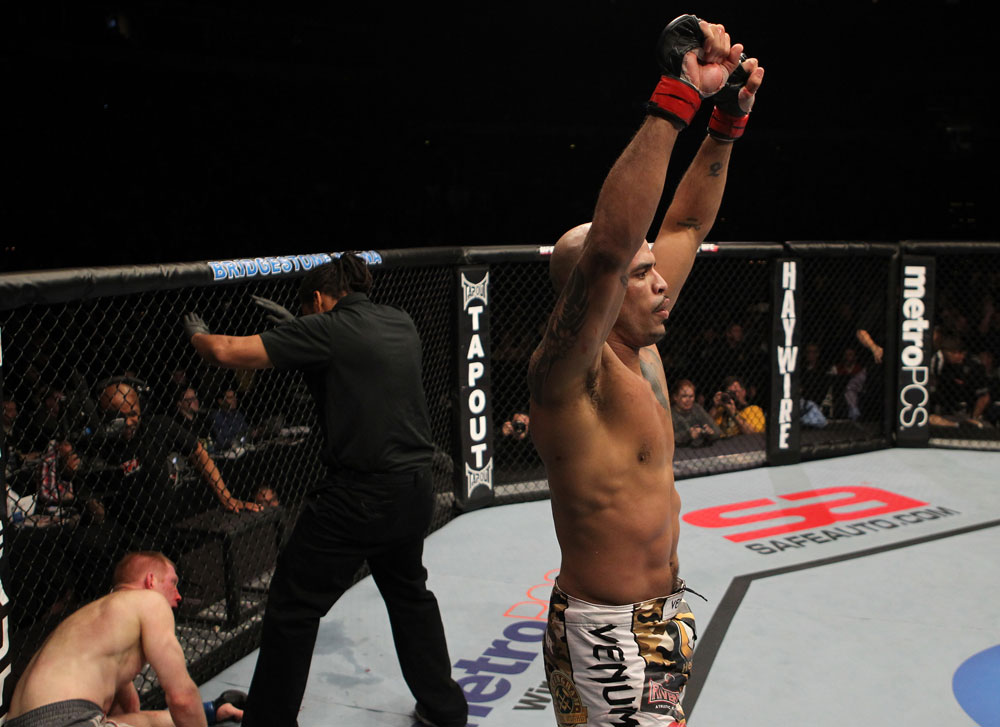 NASHVILLE, TN - JANUARY 20:  Jorge Rivera reacts after defeating Eric Schafer during the UFC on FX event at Bridgestone Arena on January 20, 2012 in Nashville, Tennessee.  (Photo by Josh Hedges/Zuffa LLC/Zuffa LLC via Getty Images)
