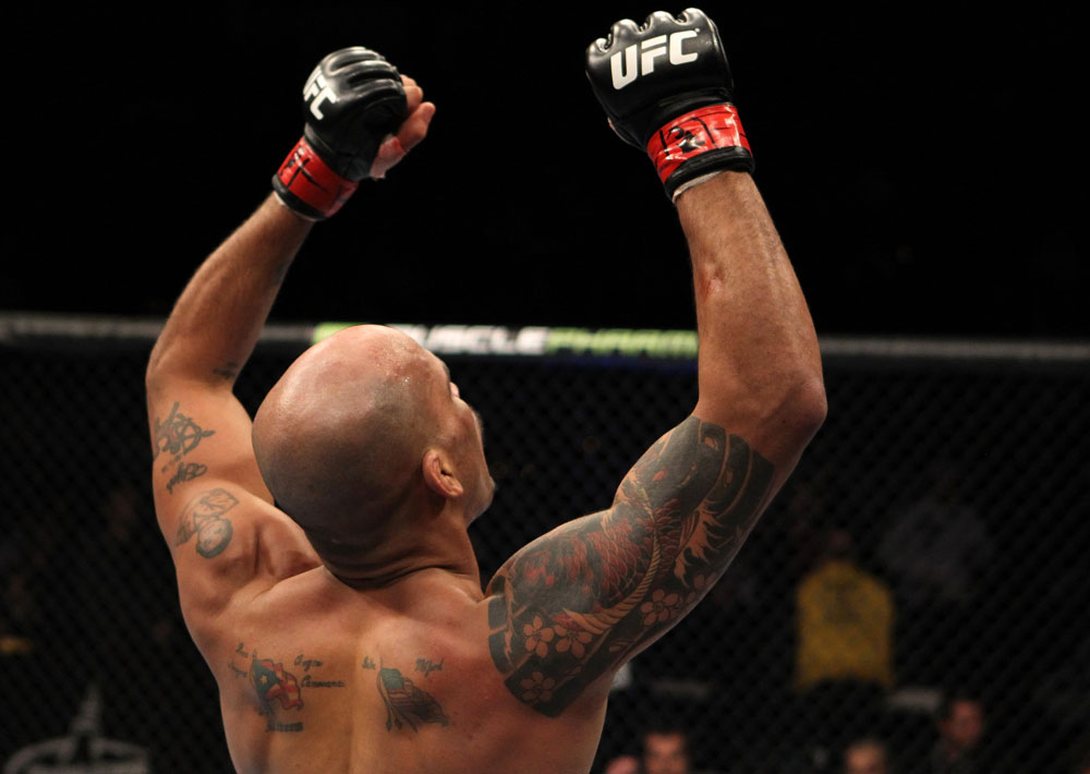 NASHVILLE, TN - JANUARY 20:  Jorge Rivera reacts after defeating Eric Schafer during the UFC on FX event at Bridgestone Arena on January 20, 2012 in Nashville, Tennessee.  (Photo by Josh Hedges/Zuffa LLC/Zuffa LLC via Getty Images)