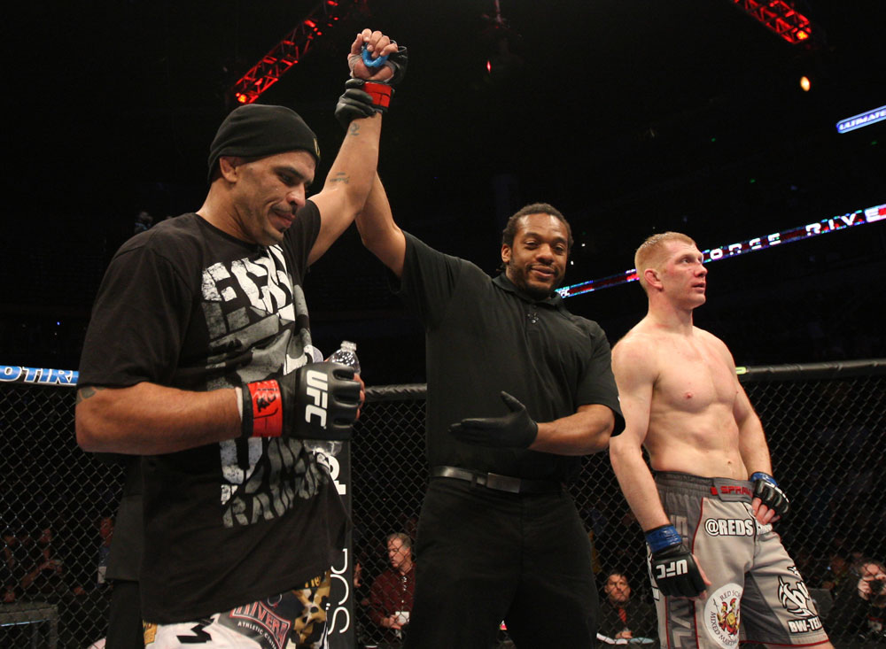 NASHVILLE, TN - JANUARY 20:  Jorge Rivera (L) reacts after defeating Eric Schafer during the UFC on FX event at Bridgestone Arena on January 20, 2012 in Nashville, Tennessee.  (Photo by Josh Hedges/Zuffa LLC/Zuffa LLC via Getty Images)
