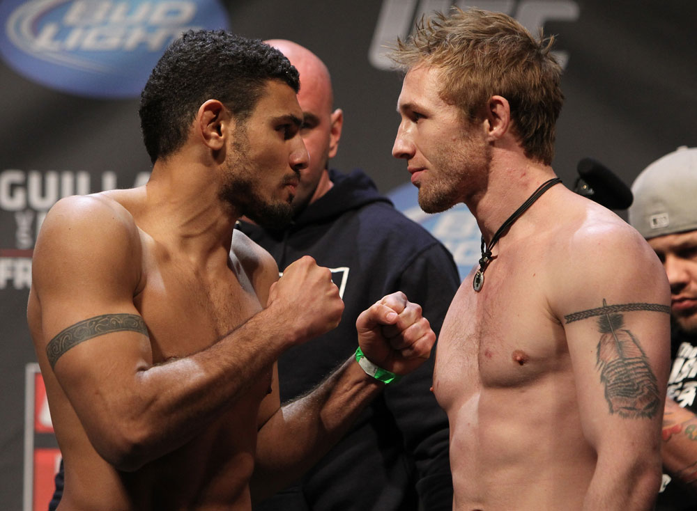 NASHVILLE, TN - JANUARY 19:  (L-R) Fabricio Camoes and Tommy Hayden face off after weighing in during the UFC on FX official weigh in at Bridgestone Arena on January 19, 2012 in Nashville, Tennessee.  (Photo by Josh Hedges/Zuffa LLC/Zuffa LLC via Getty Images)