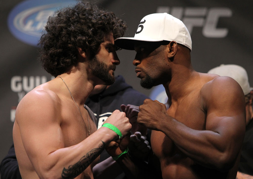 NASHVILLE, TN - JANUARY 19: (L-R) Opponents Charlie Brenneman and Daniel Roberts face off after weighing in during the UFC on FX official weigh in at Bridgestone Arena on January 19, 2012 in Nashville, Tennessee. (Photo by Josh Hedges/Zuffa LLC/Zuffa LLC via Getty Images)